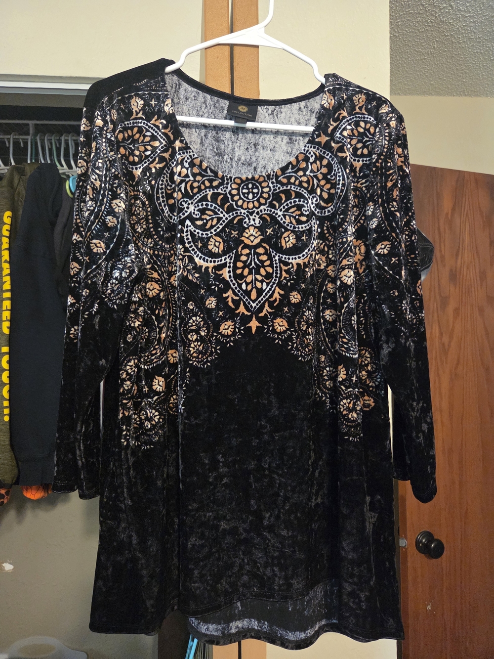 JM Collection Black Velvet Tunic with Gold Paisley Motif